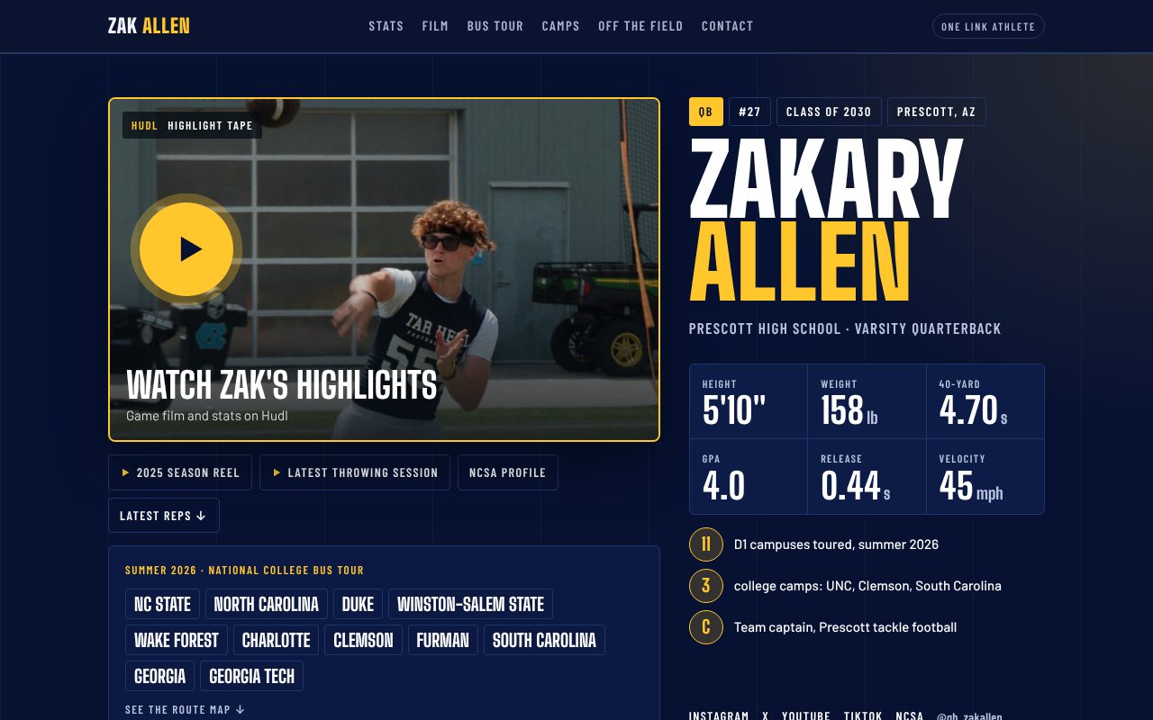 Real OneLinkAthlete site: Zakary Allen, QB, Class of 2030
